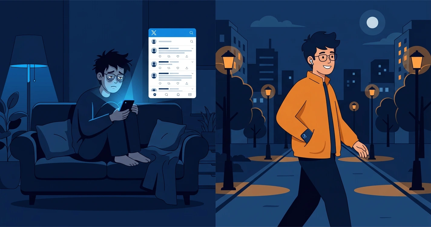 Person transitioning from scrolling phone to listening with earbuds