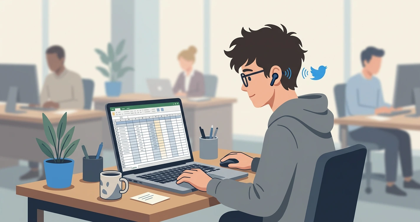 Person using Xeder to listen to Twitter feed at work while staying productive